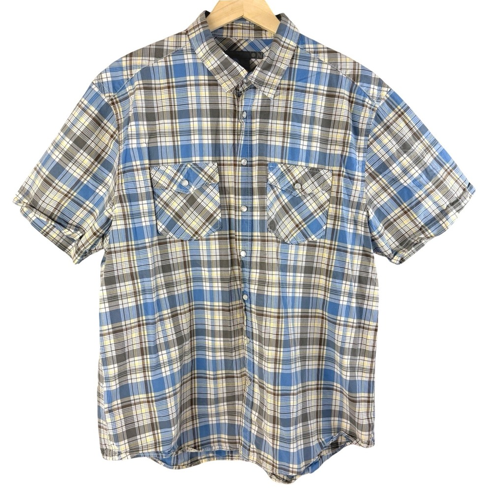 Old Navy Plaid Western Shirt Mens XXL Blue Grey Snap Front Short Sleeve